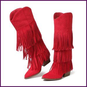 Women's Suede Fringe Cowgirl Boots Block Heel Pull On Mid Calf